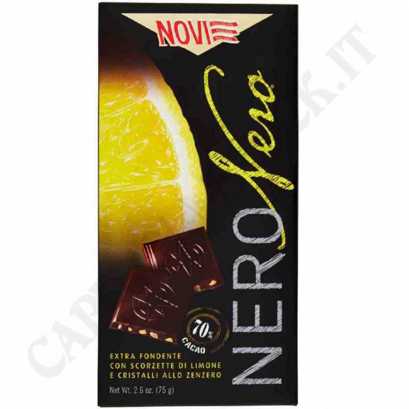 Novi - Nero Nero - Extra Fondente con Scorzette di Limone e Cristalli allo Zenzero -75 g