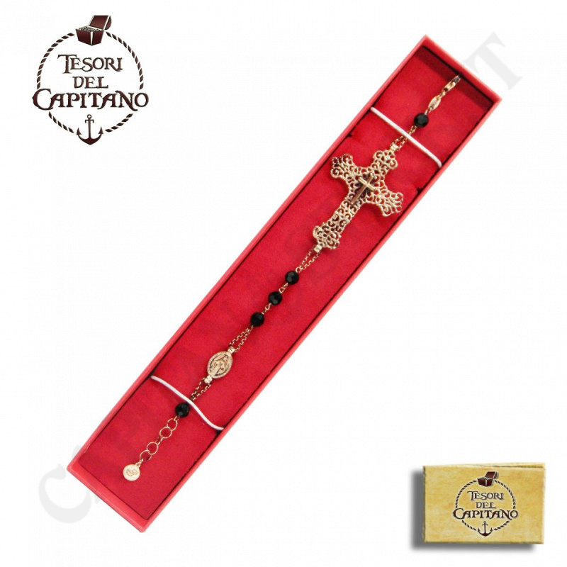 Treasures of the Captain - Woman Bracelet In 925 ‰ Rosé Silver With Cross and Black Quartz Type Stones - ID 4906 Treasures of the Captain - Woman Bracelet In 925 ‰ Rosé Silver With Cross and Black Quartz Type Stones - ID 4906
