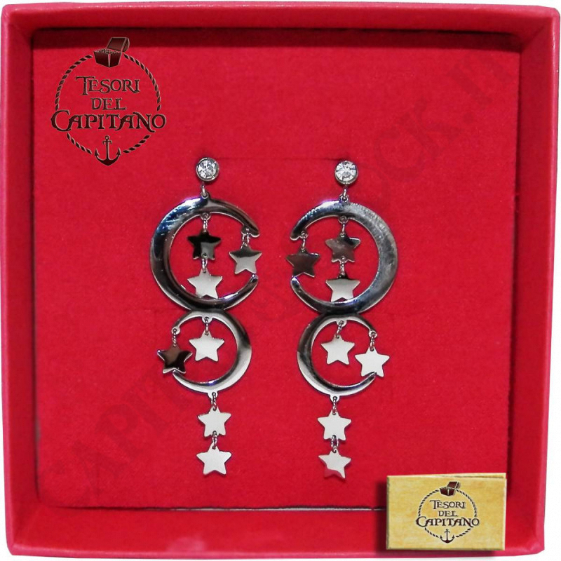 Tesori del Capitano® - Woman Earrings in Steel Moon and Hanging Stars - ID 4753