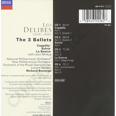 Acquista Leo Delibes - The 3 Ballets - Richard Bonynge - 4CD a soli 14,57 € su Capitanstock 