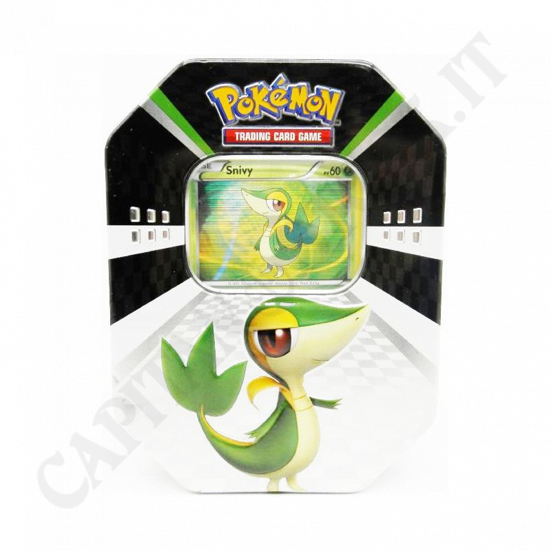 Pokémon Snivy PV 60 Tin Box con Carta Rara e Singola Bustina Nero e Bianco