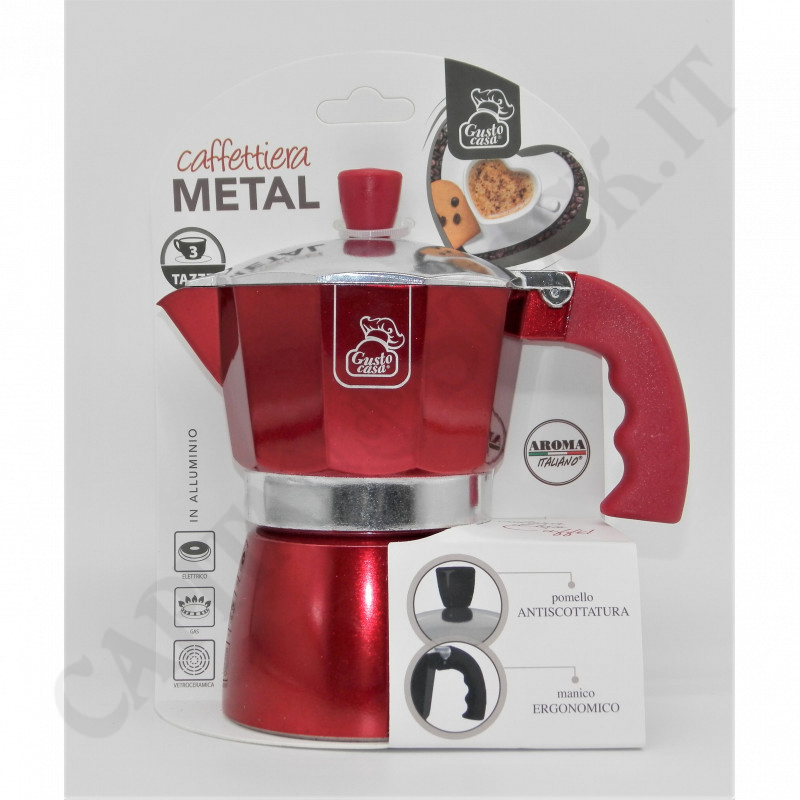 Metal Coffee Maker 3 Cups Red- Gusto Casa Metal Coffee Maker 3 Cups Red- Gusto Casa